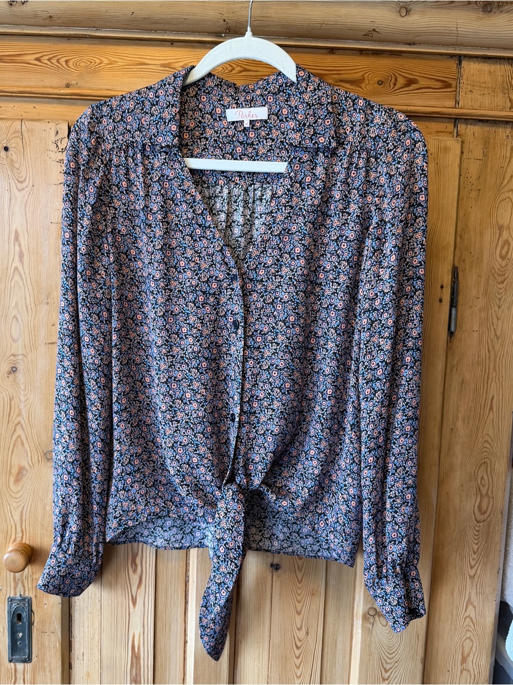 Parker Navy Floral Tie-Front Blouse with multicolored graphic print.